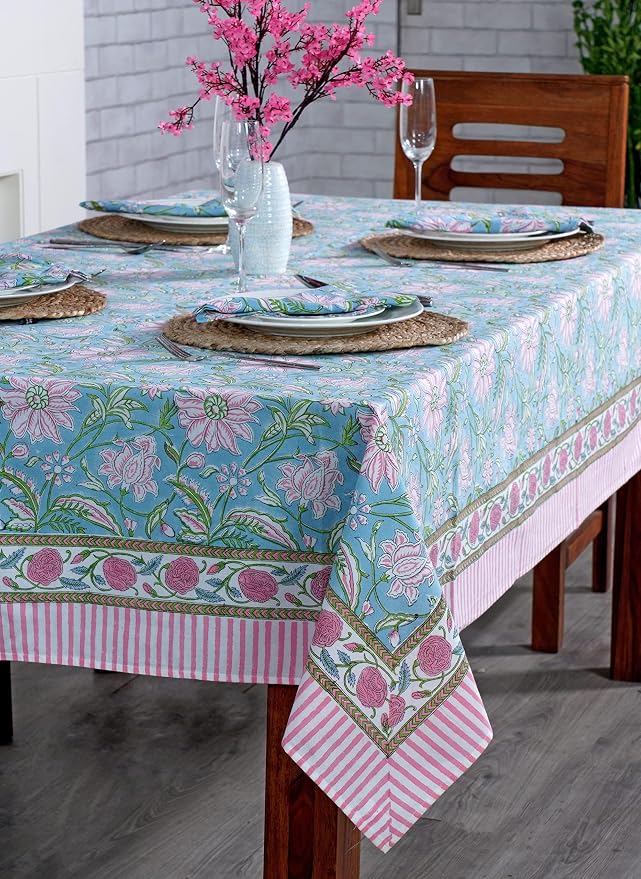 Ridhi Turquoise Blue Hand Block Print Cotton Rectangle Tablecloth 102" x 48" inches Reusable Table Cover Decorative Everyday Use for Dining Room, Farmhouse, Home Gift for Spring, Mother's Day