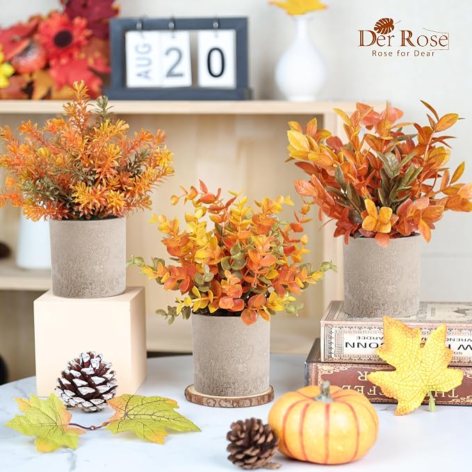 Der Rose 3 Pack Fake Plants Artificial Plastic Eucalyptus in Pot for Home Office Desk Bathroom Farmhouse Table Decor Indoor Warm Orange Accent