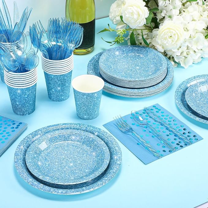 Hushee 350 Pcs 50 Guests Light Blue Paper Party Plates and Cups Napkins Sets Holographic Glitter Disposable Dinnerware Plastic Forks Knives Spoons Birthday Bachelorette Wedding Party Supplies