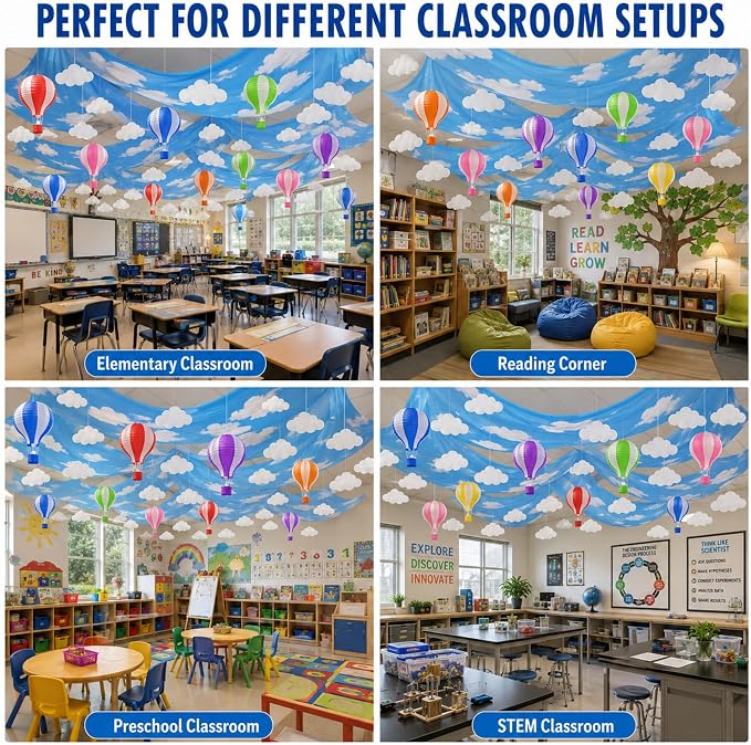 46 Pcs 2026 Hot Air Balloon Hanging Ceiling Decoration for Classroom 24" x 13ft Blue Sky and Clouds Banner 3D Paper Lantern Cloud Hanging Ornament, Hook for Back to School Party Class Decor