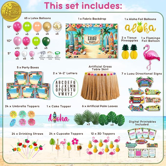 180 Pc Luau Party Decorations Set – Hawaiian Birthday Party Decorations | 2025 Family Choice Award winner – backdrop, balloons, tiki boxes, table skirt, toppers, umbrellas, straws, signs & much more