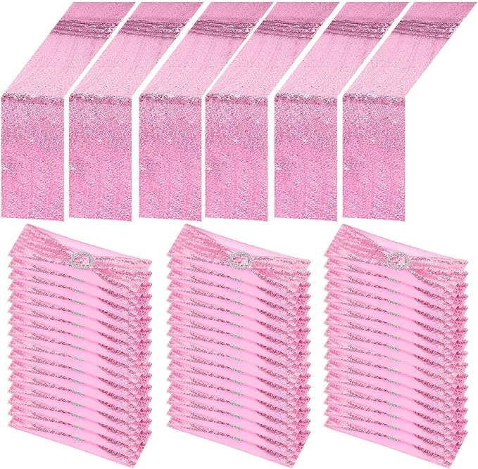 Newwiee 54 Pcs Pink Sequin Chair Sashes and Table Runners, 48 Sequin Chair Bows, 6 Glitter Table Runners for Birthday Party Wedding Banquet Holiday Decorations