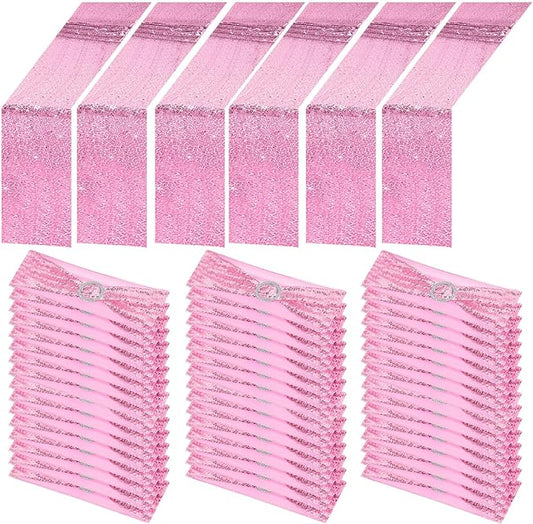 Newwiee 54 Pcs Pink Sequin Chair Sashes and Table Runners, 48 Sequin Chair Bows, 6 Glitter Table Runners for Birthday Party Wedding Banquet Holiday Decorations
