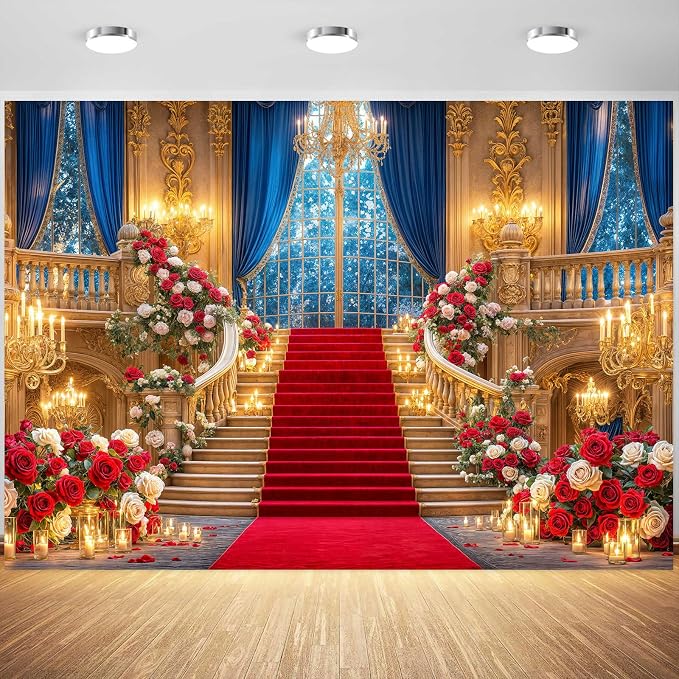 8 x 6 ft Palace Backdrop for Photography, Floral Rose Golden Vintage European Castle Hall Photo Background Luxurious Hotel Chandelier Ballroom Backdrop Wedding Birthday Party Video Party Decorations