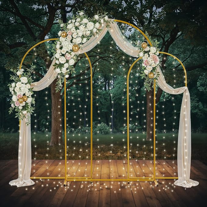 Gold Metal Arch Backdrop Stand for Wedding & Birthday Party Decorations, Foldable Balloon Arch Frame with Easy Assembly, Photo Booth Backdrop Décor with Fairy Lights Options