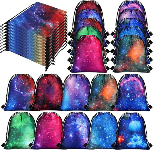 Lothee 30 Pcs Galaxy Party Favor Bags Space Drawstring Bags Starry Night Sky Backpack Galaxy Treat Candy Birthday Party Supplies for Kids Gifts