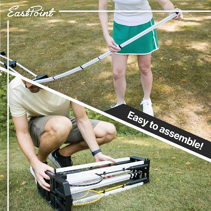 EastPoint Easy Setup Badminton Set - 15 ft Net, 4 Rackets, 2 Shuttlecocks - Quick Setup Net for Backyard Games - Steel Shaft Badminton Rackets for Family Games - Durable Shuttlecocks for Outdoors