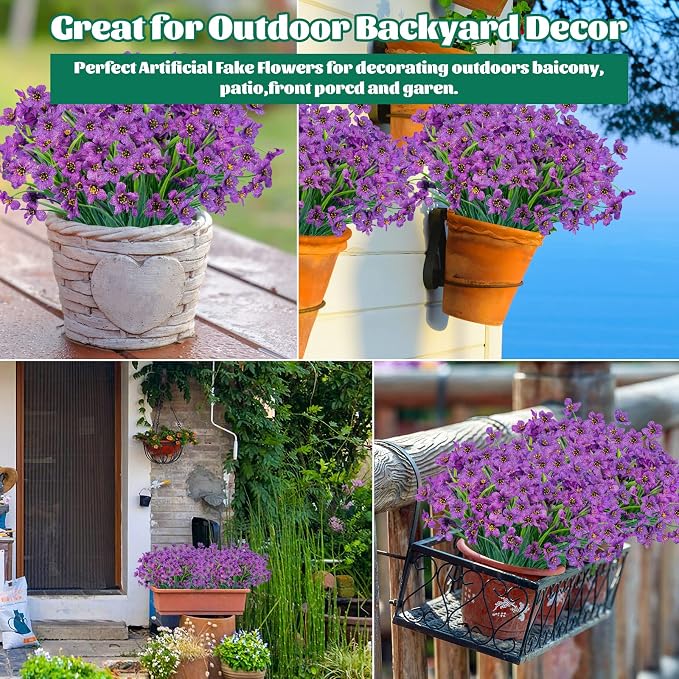 Lnoicy 24 Pcs Artificial Flowers for Outdoor,Plastic Flowers Decoration, UV Resistant Faux Flowers Shrubs, Artificial Plants for Indoor Outside Garden Home Wedding Farmhouse（Purple