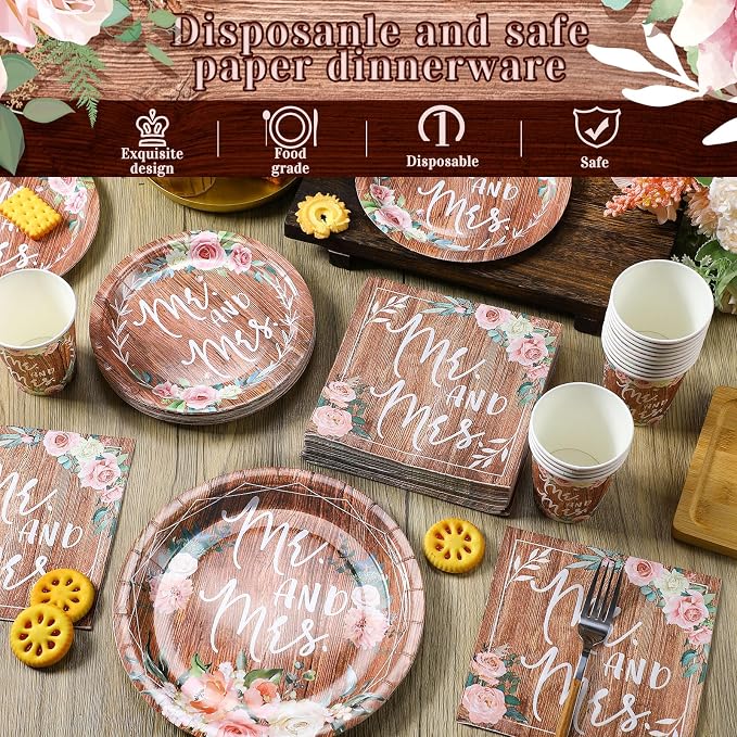 Zhehao 250 Pcs Rustic Bridal Shower Paper Plates Napkins Set Mr and Mrs Party Tableware 50 Pcs 9'' Dinner Plates and 7'' Dessert Plate 9 Oz Cup 100 Napkin Serves 50 for Engagement Wedding Decoration