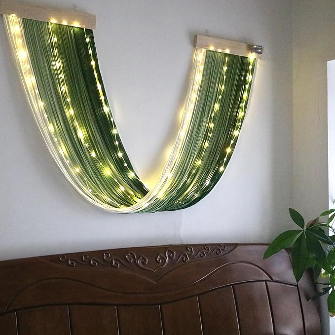 OakHaomie Macrame Fairy Lights Battery Operated with Remote,Large Macrame Wall Hanging with 20ft 100 LED String Lights,Green Gradient Warm White Light for Living Room,Bedroom,Christmas,Holiday Deco