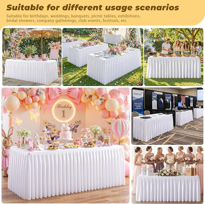 White Polyester Table Cloths for Rectangle 8 Foot Tables, 6 Pack Wrinkle Free Tablecloths Stretchy Banquet Ruffle Fitted Table Cover Desk Skirt for Parties Wedding Birthday Baby Shower