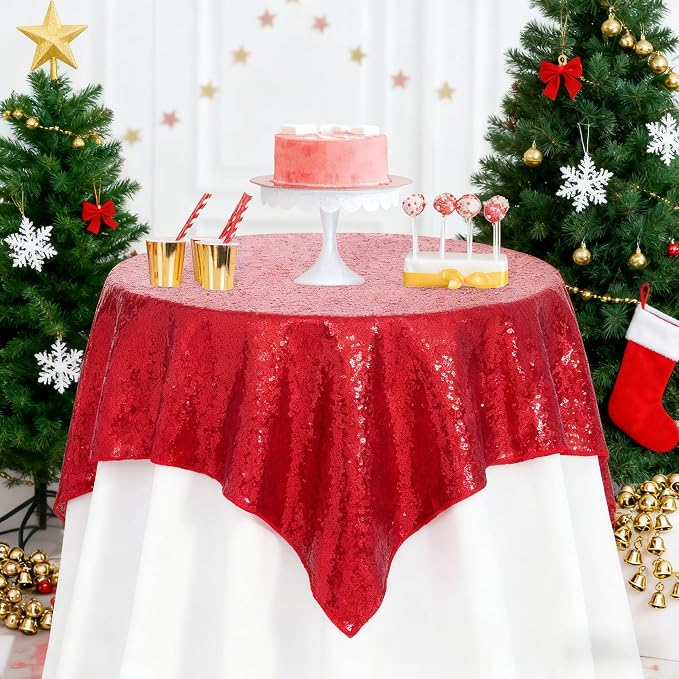 B-COOL Sequin Fabric Tablecloth 50x50inch Red Sequin Table Cloth Square Dinner Party Wedding Tables