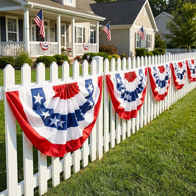 HOOSUN 4 Pack American Flag Bunting for Outside,Patriotic 4th of July Decorations,3x6 FT Patriotic Bunting Flags Memorial Day Decor,Red White and Blue Pleated Fan Flag,American Flags Banners for Porch