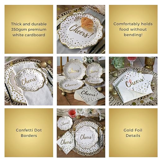 Kate Aspen 72pc Gold Foil Cheers & Dots Tableware Set Party Kit - 24pcs 7 inch & 9 inch Heavy Duty Disposable Party Plates, 24pcs 6.5 inch Durable Paper Napkins