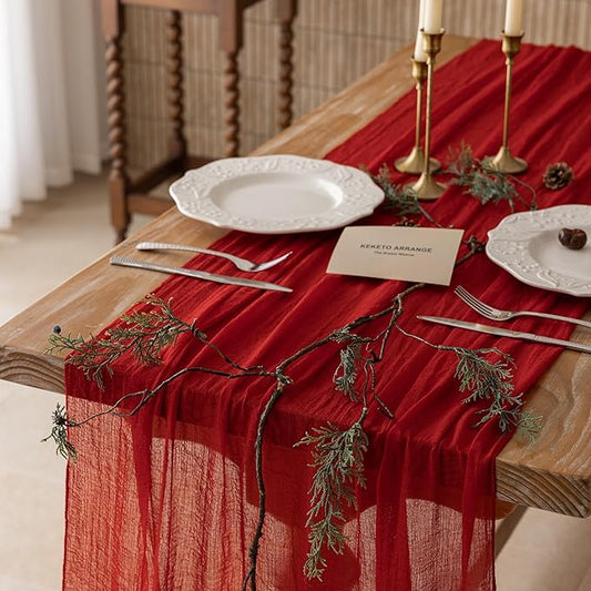 Keketoarrange 3pcs Red Cheesecloth Table Runner Cheese Cloth Rustic Gauze Table Runner 120 Inch 10 FT for Wedding Baby Bridal Shower Sheer Boho Holiday Spring Home Decorations