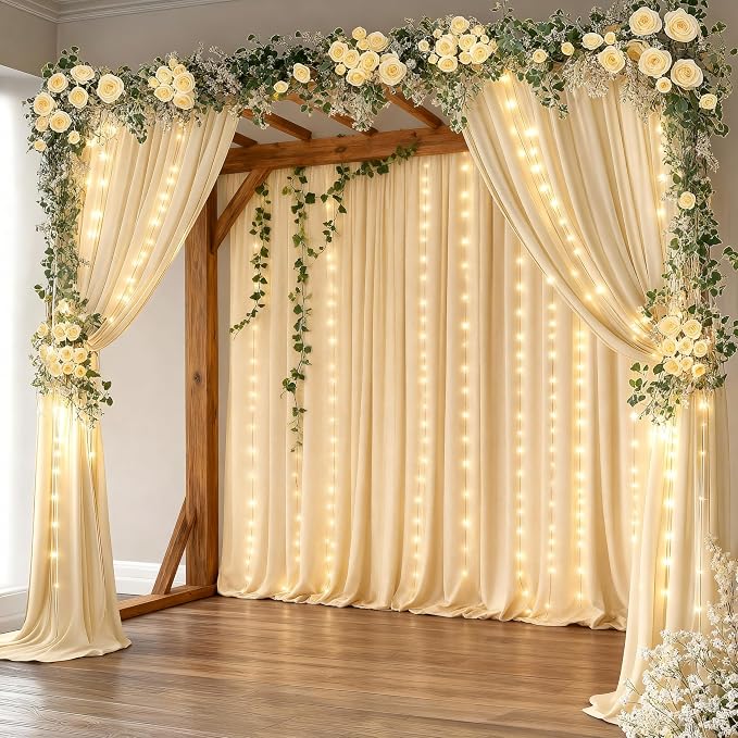 Light Champagne Backdrop Curtains with Lights String for Parties,10x10FT Wrinkle Free Wedding Photo Backdrop Curtains for Baby Shower Birthday Ceremony Reception Home Party Decorations-5ft x 10ft