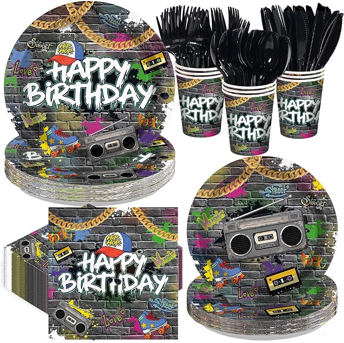 168Pcs Hip Hop Birthday Party Supplies Hip Hop Graffiti Wall 80s 90s Plates and Napkins Retro Neon Tableware Set for Retro Music Theme Colorful Birthday Party Decorations Serves 24