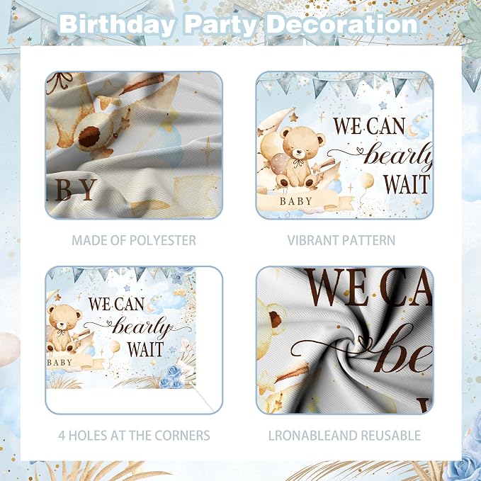 Teddy Bear Baby Shower Decorations for Boy - We Can Bearly Wait Party Supplies Include Balloon Garland Arch, Backdrop, Tablecloth, 4 Boxes, Cake Toppers - Blue Brown Boho Theme