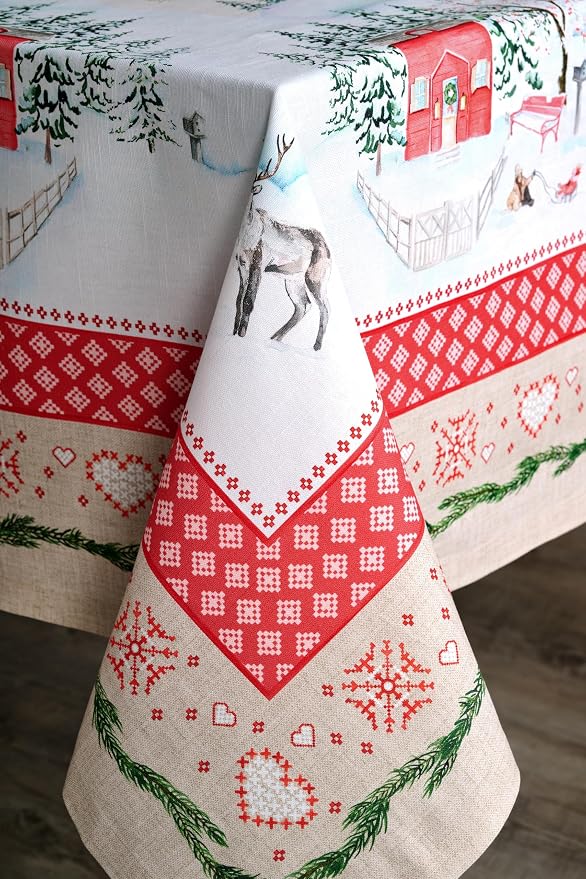 Maison d' Hermine Table Cloth Rectangle Table 100% Cotton 70 x 108 Inches Fall Tablecloth Reusable Everyday Use for Thanksgiving Christmas Decorations Dining Farmhouse Party (Rural Christmas)