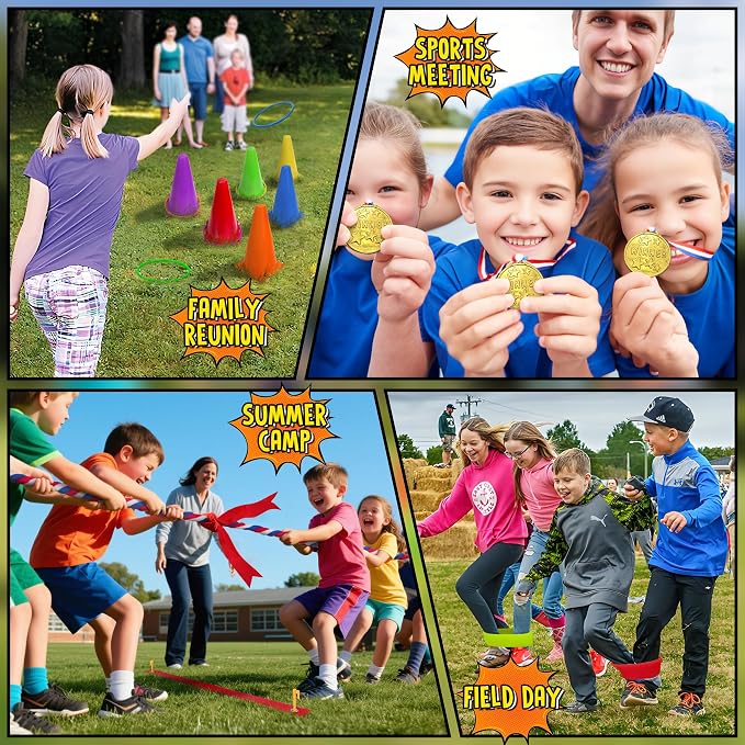 LINAYE Field Day Games for Kids Adults, Outdoor Activities Carnival Lawn Yard Family Reunion Survivor Games Tug of War Rope, Potato Sack Race Bags, Ring Toss, Throw and Catch Ball for Birthday Party