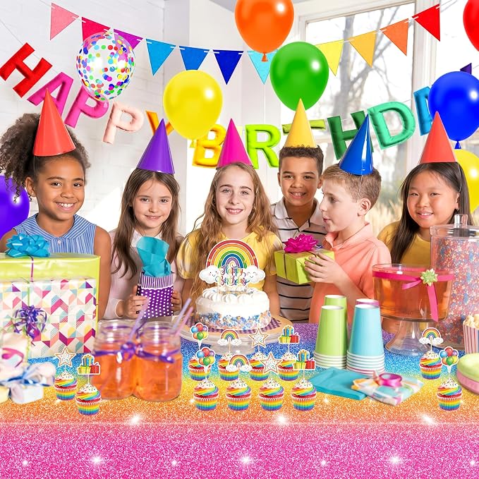 THAWAY Rainbow Birthday Party Decorations- 172 Pcs Colorful Birthday Decorations with 3D Felt Banner, Rainbow Balloon Arch Kit, Backdrop, Tablecloth and Cake Topper for Boys Girls Party Decor