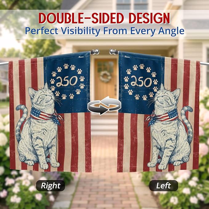 FLAGWIX 250 Years Anniversary Cat Flag - Polyester Double-sided Yard Flags For Outside House Flag (29.5" x 39.5") - 4th of July Decorations for Home Yard Garden Decor Banner, Gifts For Men Women