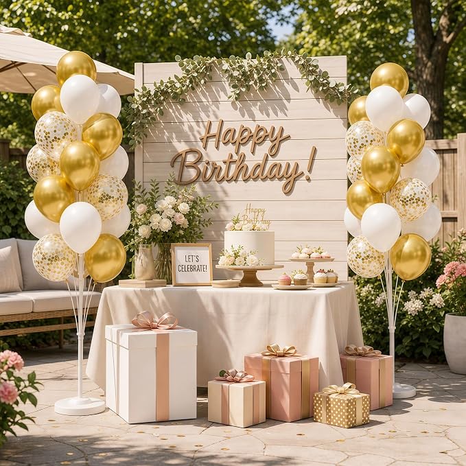 Hiins Balloon Column Kit Set of 2 With Metallic Gold Confetti&White Balloons - with Base,Pole,Balloon Tower Decoration for Graduation Wedding,Baby Shower,Birthday Party,Bachelorette Party