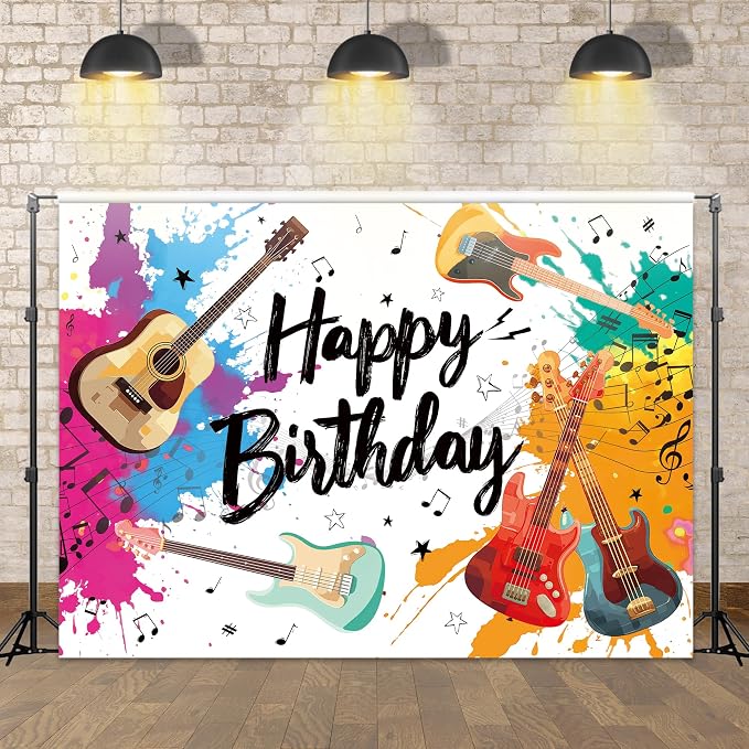 Guitar Happy Birthday Backdrop Music Themed Cool Watercolor Blue and Red Musical Notes Bday Party for Kids Photography Background Decoration Colorful Modern Fabric Photo Shoot Studio Props