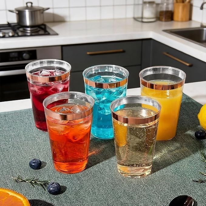 200 Pack 12oz Plastic Cups with Rose Gold Rimmed - Sturdy & Food Safe Plastic Wine Glasses Wedding Cups Party Cups Clear Cups Plastic Cocktail Glasses for Wine, Juice, Cocktails and Cold Beverages