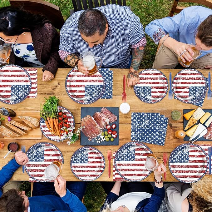 50 Guests 4th of July American Flag Patriotic Party Decorations Plates Napkins 250th Anniversary Themed Tableware Set Veterans Day Party Supplies Independence Paper Plates Napkins 200PCS