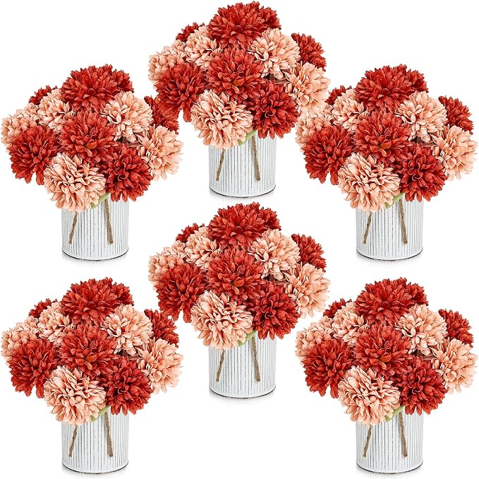 Pre-Made Flower Table Centerpieces, Set of 6 Artificial Silk Chrysanthemum with Metal Vases for Wedding, Birthday Parties, Home Decoration (Terracotta, Set of 6 Floral Arrangement)