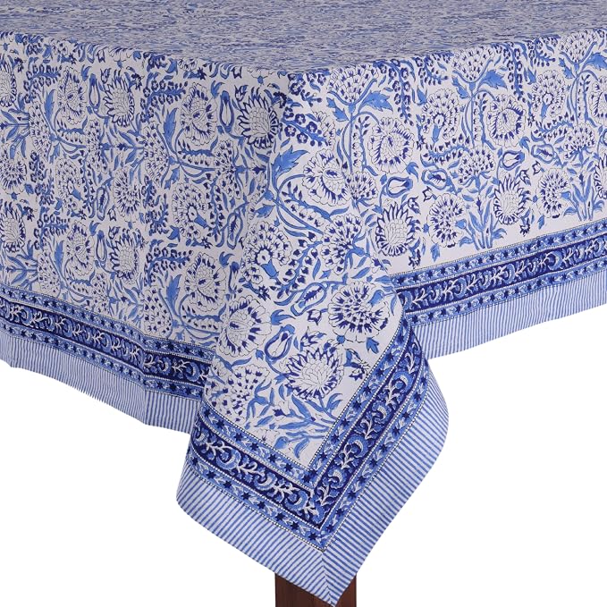 ATOSII Indigo Bloom 100% Cotton Rectangle Fall Tablecloth, Handblock Floral Linen Table Cloth for Dining Table I Parties Christmas Thanksgiving Grand Millennial Home Decor 72 X 120 Inches I 10 Seater