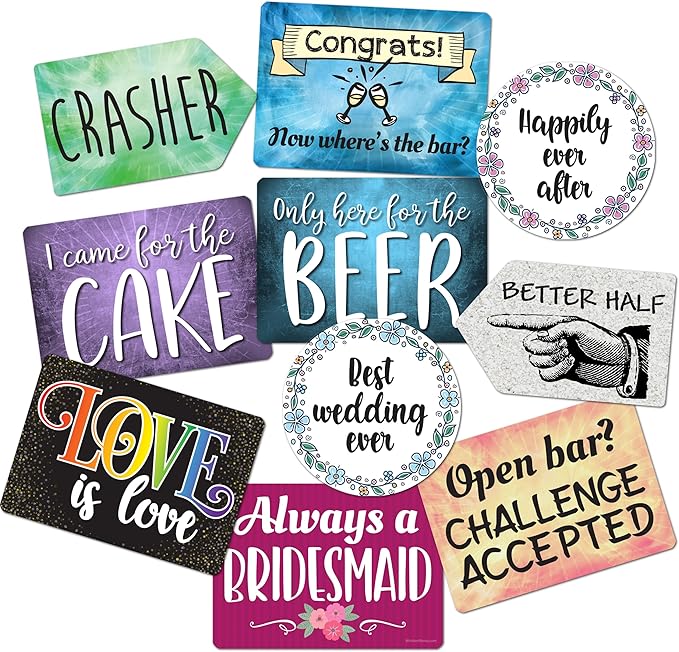 Plastic Photo Booth Props - Set of 5 Signs / 10 Phrases - Wedding Mix