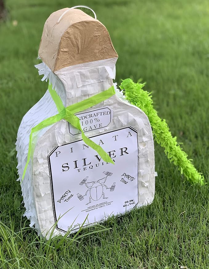 Jergrim White Tequila Bottle Piñata 4-piece set, 16x11x3 inches, Perfect for Party Decorations, Photo Prop, Cinco de Mayp, Birthday, Funny Anniversary, 21 birthday - Fits candy/favors
