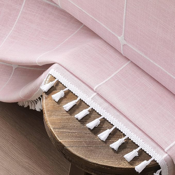 ZeeMart Boho Grid Table Cloth with Tassels (Pink, 60" x 104"), Heavy Weight Linen Checked Embroidered Farmhouse Tablecloth, Water Resistant Rectangle Pink Tablecloths
