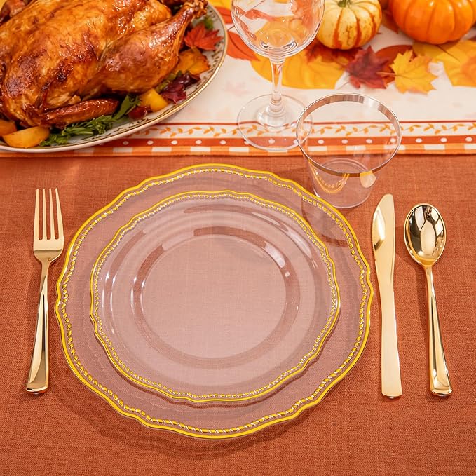 Hioasis 175pcs Clear Gold Plastic Plates - Gold Plastic Dinnerware Set Includes 25 Dinner Plates, 25 Dessert Dinnerware, 25 Cups, 25 Napkins Perfect for Wedding & Party