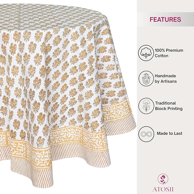 ATOSII Ivy Yellow 100% Cotton Round Boho Fall Tablecloth, Handblock Floral Table Cloth Linen for Kitchen Dining I Parties Weddings Outdoors Picnics Easter Mothers Day I 60" Inches Round I 4 Seater
