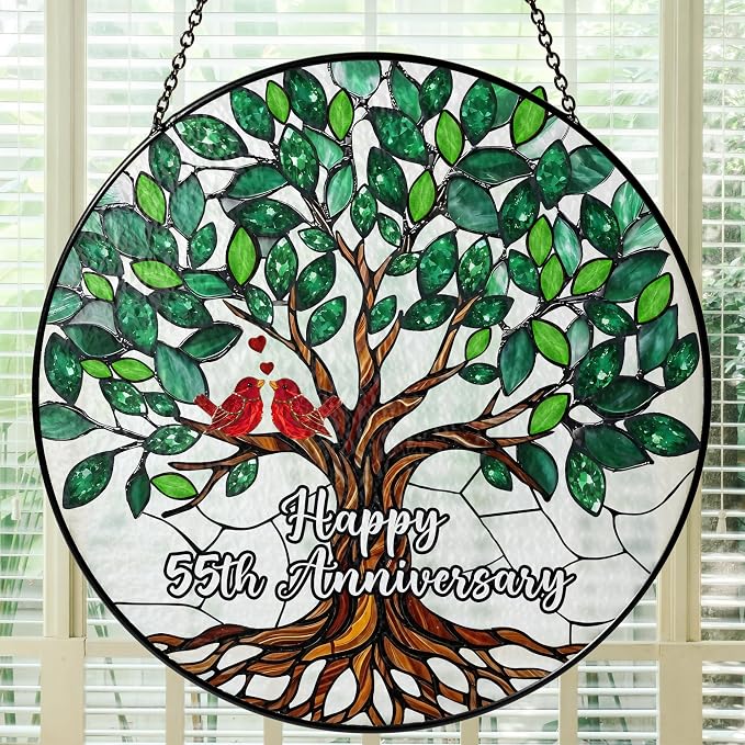 55th Wedding Anniversary Stained Glass Suncatcher, 6x6' Anniversary Decorations, 55th Celebration Marriage Gifts for Parents, Couple, Wife & Husband, 55 Wedding Milestone Keepsake
