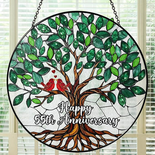 55th Wedding Anniversary Stained Glass Suncatcher, 6x6' Anniversary Decorations, 55th Celebration Marriage Gifts for Parents, Couple, Wife & Husband, 55 Wedding Milestone Keepsake