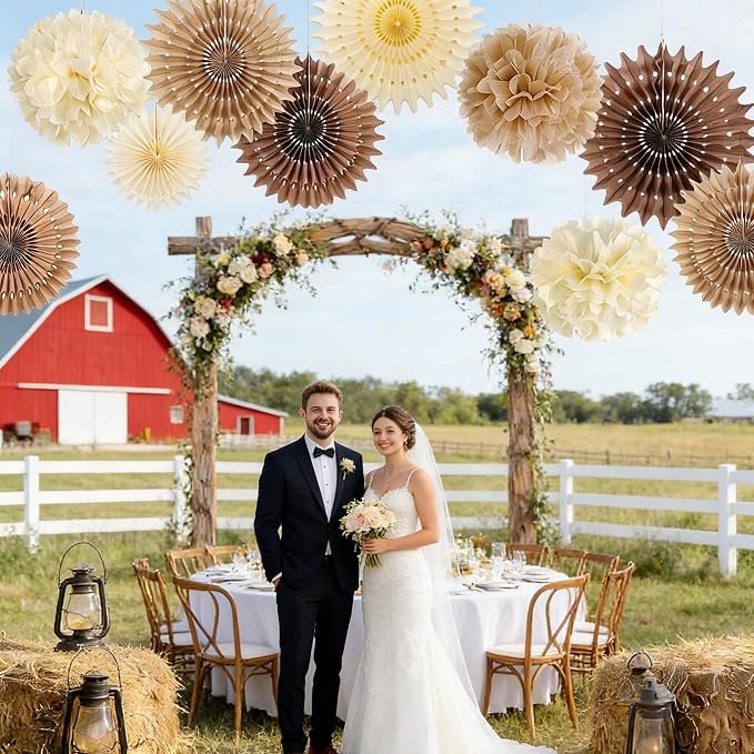 SUNBEAUTY Brown Party Decorations Boho Wedding Party Decor Brown Beige Tissue Pom Poms Paper Fans Hanging Neutral Women Birthday Party Decorations Bridal Shower Baby Shower Rustic Engagement Decor