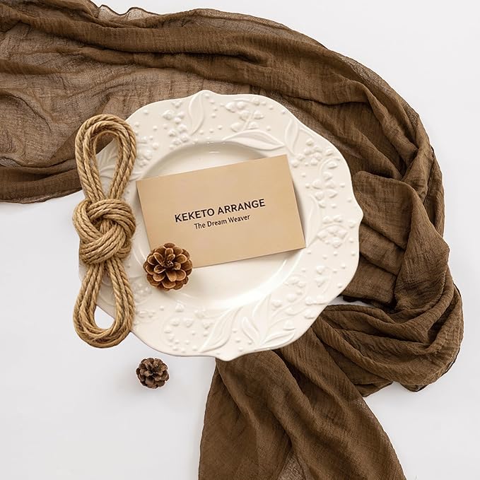 Keketoarrange 6pcs Coffee Gauze Rustic Cheesecloth Table Runner 120 Inch 10 FT for Wedding Baby Shower Bridal Shower Birthday Engagement Garden Outdoor Party Long Sheer Boho Decorations