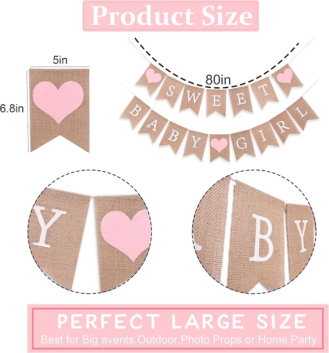 Sweet Baby Girl Burlap Banner - Sweet Baby Boy Shower Decorations, Rustic Baby Shower Decorations, Photo Decoration Props (Sweet Baby Girl Pink)