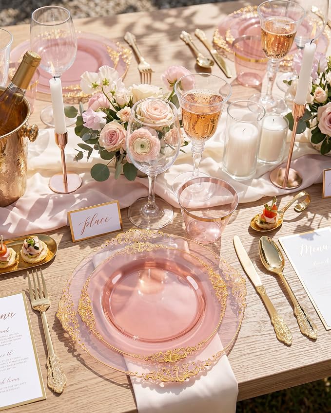 Hioasis 350pcs Burgundy and Gold Plates - Burgundy Plates for 50 Guest, Include 100 Heavy-duty Plates(20% Thicker Than Standard), 150 Cutlery Set, 50 Pre Rolled Gold Plastic Silverware Set, 50 Cups
