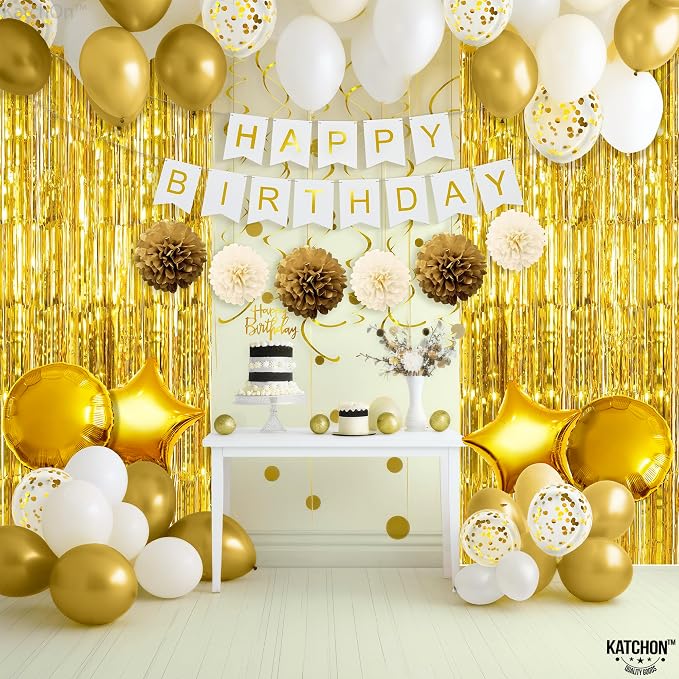 KatchOn, Gold Birthday Decorations Set - Pack of 45 | Happy Birthday Banner, Star Balloons, Pom Poms, Balloons for Gold Party Decorations | Bday Decorations for women, Men