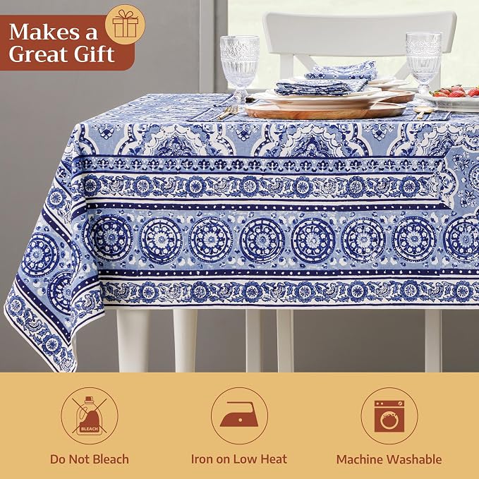 Maison d' Hermine Table Cloth Rectangle Table 100% Cotton 70 x 120 Inches Tablecloth Reusable Decorative for Dining Kitchen Room Farmhouse Party Home Hotel Restaurant Spring Summer - Melodie Bleue