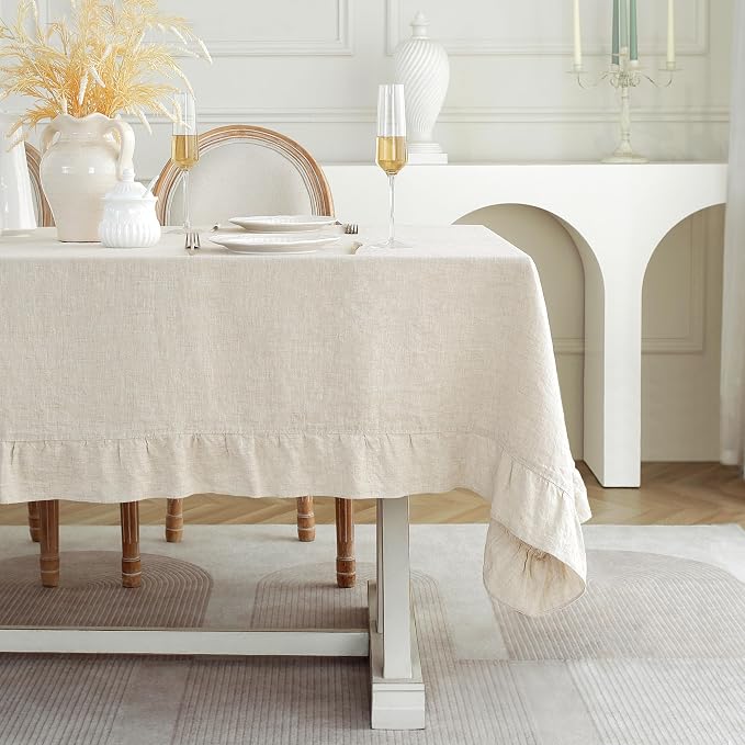 Linen World Ruffle Linen Tablecloth,100% French Linen Natural Tablecloth 90" x 60" Inch,Washable Rectangular Tablecloth for Dining,Outdoor,Weddings and Restaurants,Decorative Thanksgiving Christmas