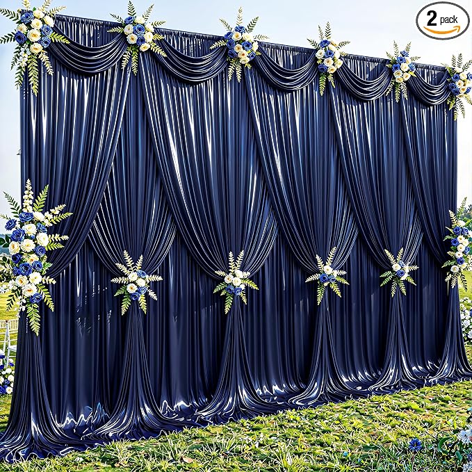 40x10ft Navy Blue Glitter Backdrop Curtain for Parties, Wrinkle Free Satin Photo Backdrop Drapes 8 Panels 5x10FT Shimmer Back Drop Cloth for Wedding Birthday Baby Shower Photography Background Decor