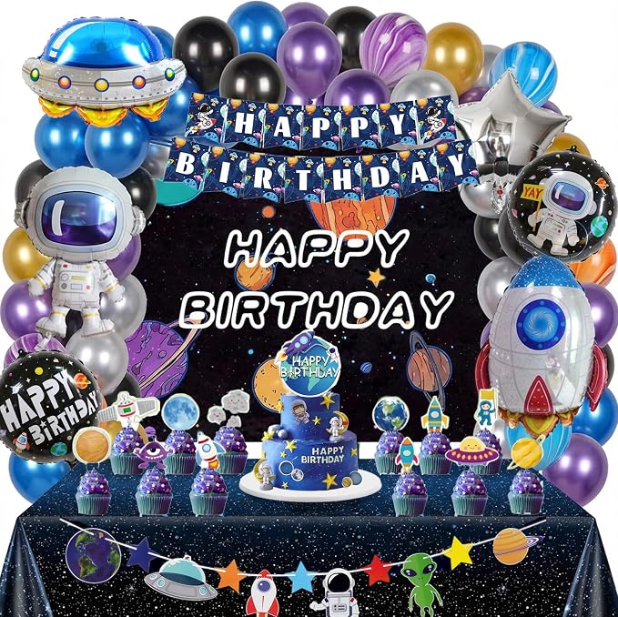 PTORZINY Outer Space Party Decorations, Astronaut Birthday Decorations, Space Decoration, Birthday Party Supplies Includes Space Balloons, Backdrop, Banner, Tablecloth, Cupcake Toppers