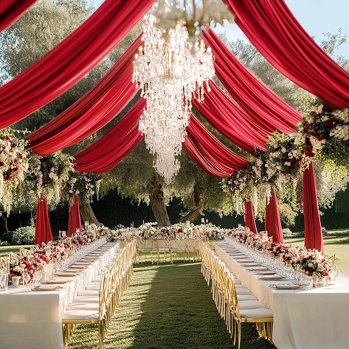 4 Panels 5x20ft Red Ceiling Drapes for Wedding Parties, Wrinkle Free Thick Polyester 20ft Extra Long Wedding Draping Red Ceiling Curtains Arch Drapery