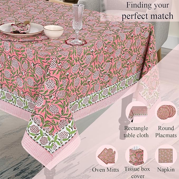 Ridhi Strawberry Pink Hand Block Print Cotton Rectangle Tablecloth 108" x 60" inches Reusable Table Cover Decorative Everyday Use for Dining Room, Farmhouse, Home Gift for Spring, Mother's Day